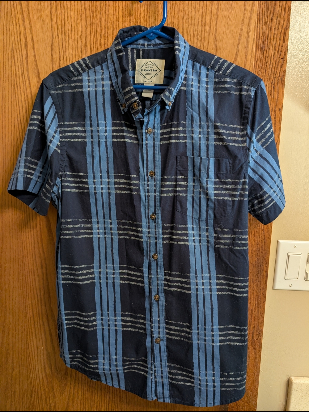 St. John's Bay Navy and Light Blue Short-Sleeve Plaid Button-Down Shirt
